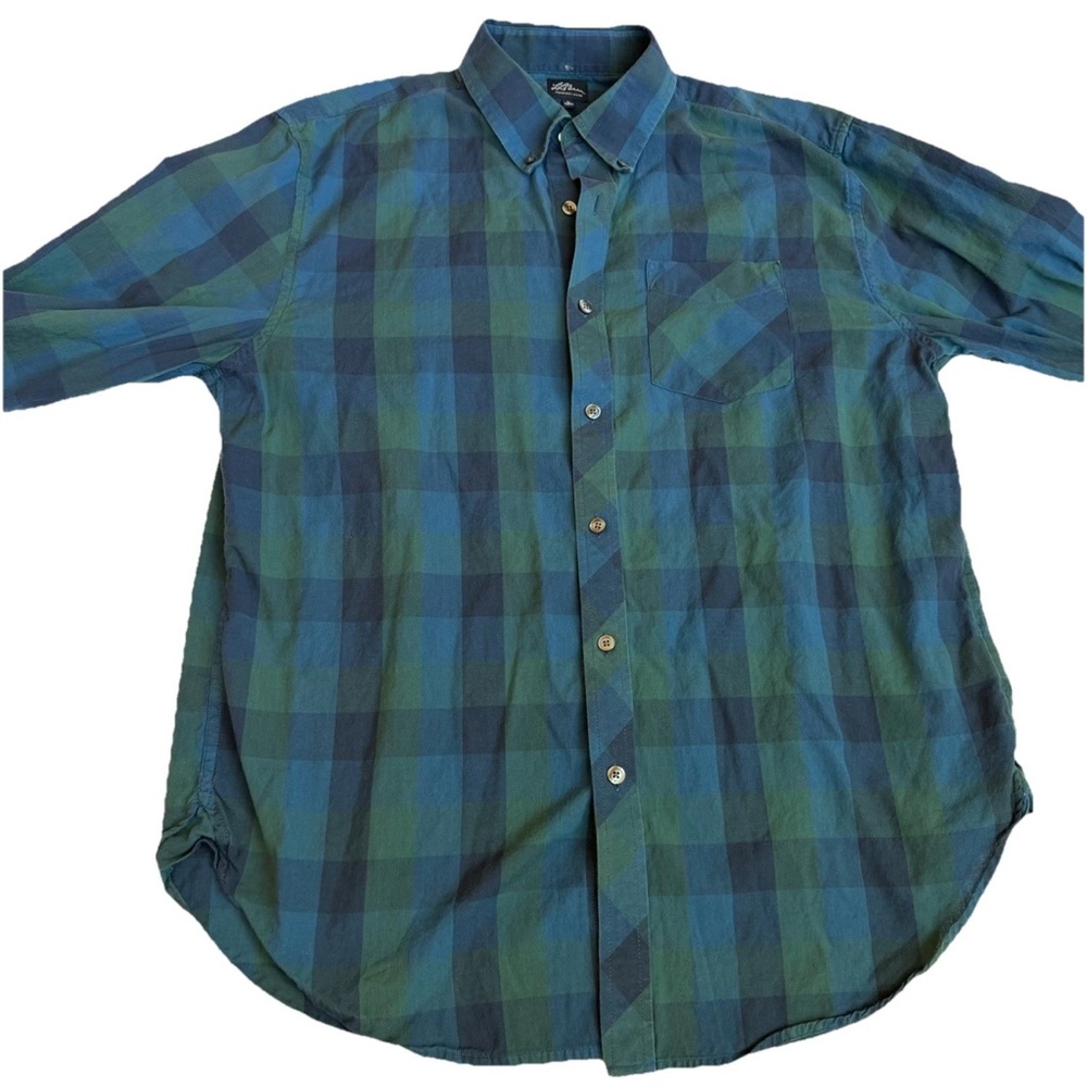 L.L. Bean Cotton Long Sleeve Green Blue Plaid Check Tartan Button Up Women’s L